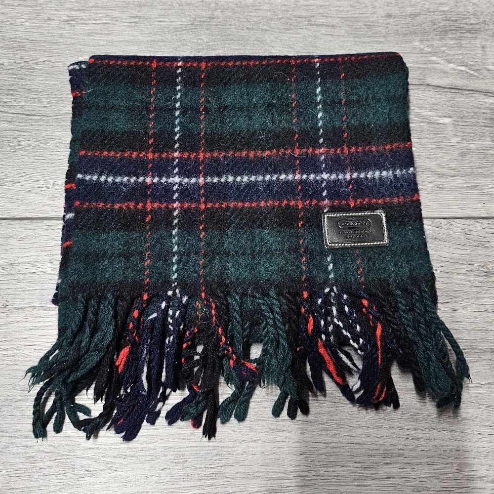Coach Authentic EUC Unisex Green and Red Plaid Wool Scarf Warm Outdoor